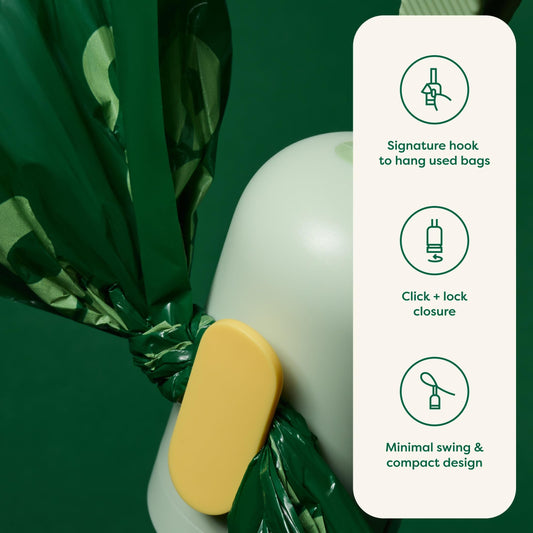 Earth Rated dog poop bag holder dispenser with starter roll, durable, leakproof, unscented, designed for easy carrying during walks.