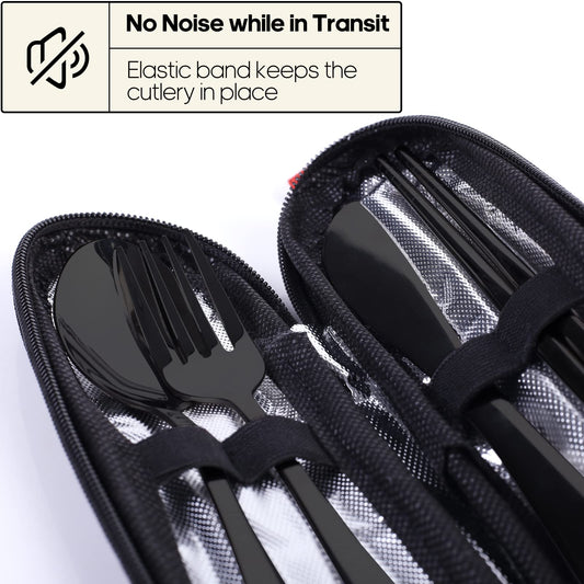 Quatish travel utensils set with case, including fork, spoon, and knife, in a compact travel accessories kit.