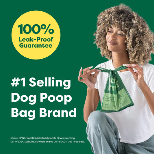 Earth Rated dog poop bags with handles, eco-friendly waste disposal bags for cleaning up after dogs, shown in a pack.