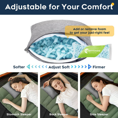 CushyOasis shredded memory foam travel neck pillow with eye mask, earplugs, and washable cover for comfort during travel