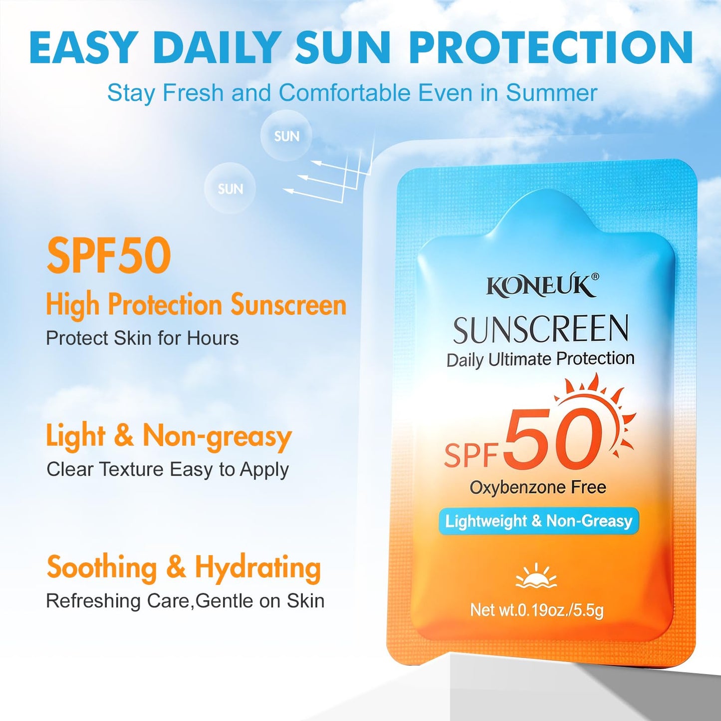 50-pack of KONEUK SPF 50 travel size sunscreen bottles for face and body, ideal for sun protection on the go
