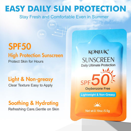 50-pack of KONEUK SPF 50 travel size sunscreen bottles for face and body, ideal for sun protection on the go