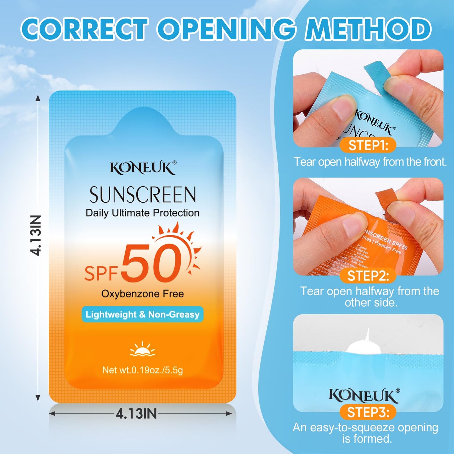 Set of 50 KONEUK travel size SPF 50 sunscreen bottles for face and body, compact and portable for outdoor protection.