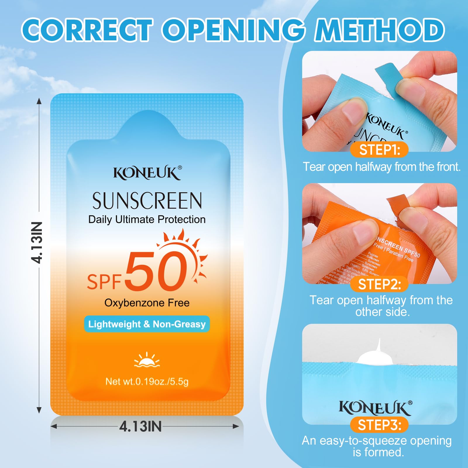 Set of 50 KONEUK travel size SPF 50 sunscreen bottles for face and body, compact and portable for outdoor protection.
