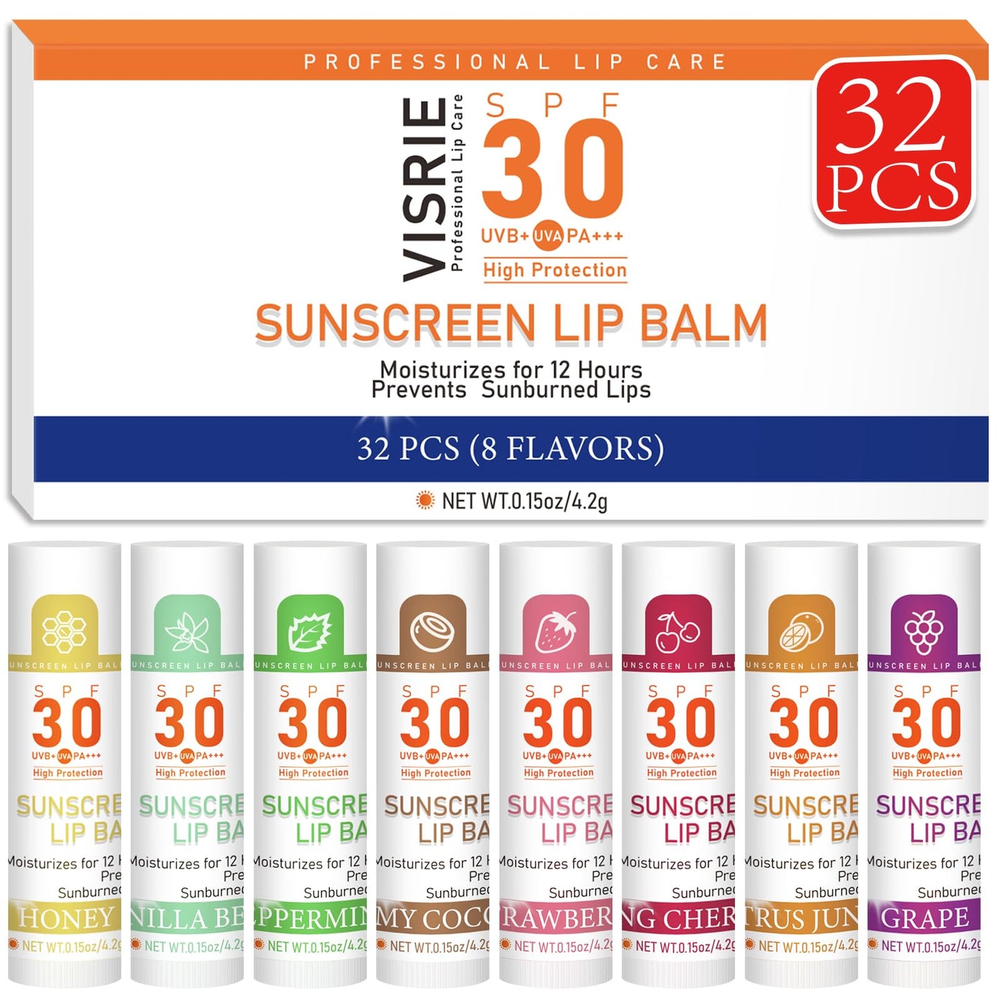 VISRIE SPF 30 sunscreen lip balm pack with 8 flavors, hydrating with vitamin E and coconut oil, shown in the image.