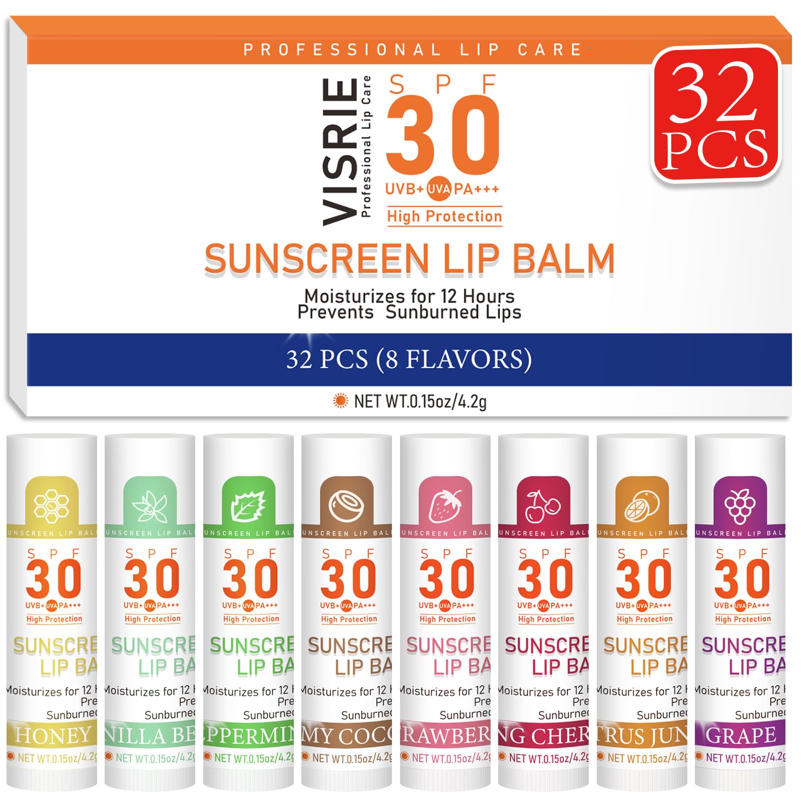 VISRIE SPF 30 sunscreen lip balm pack with 8 flavors, hydrating with vitamin E and coconut oil, shown in the image.
