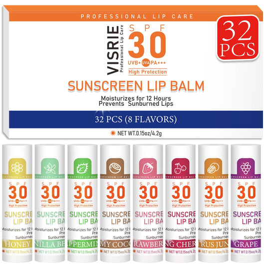 VISRIE SPF 30 sunscreen lip balm pack with 8 flavors, hydrating with vitamin E and coconut oil, shown in the image.