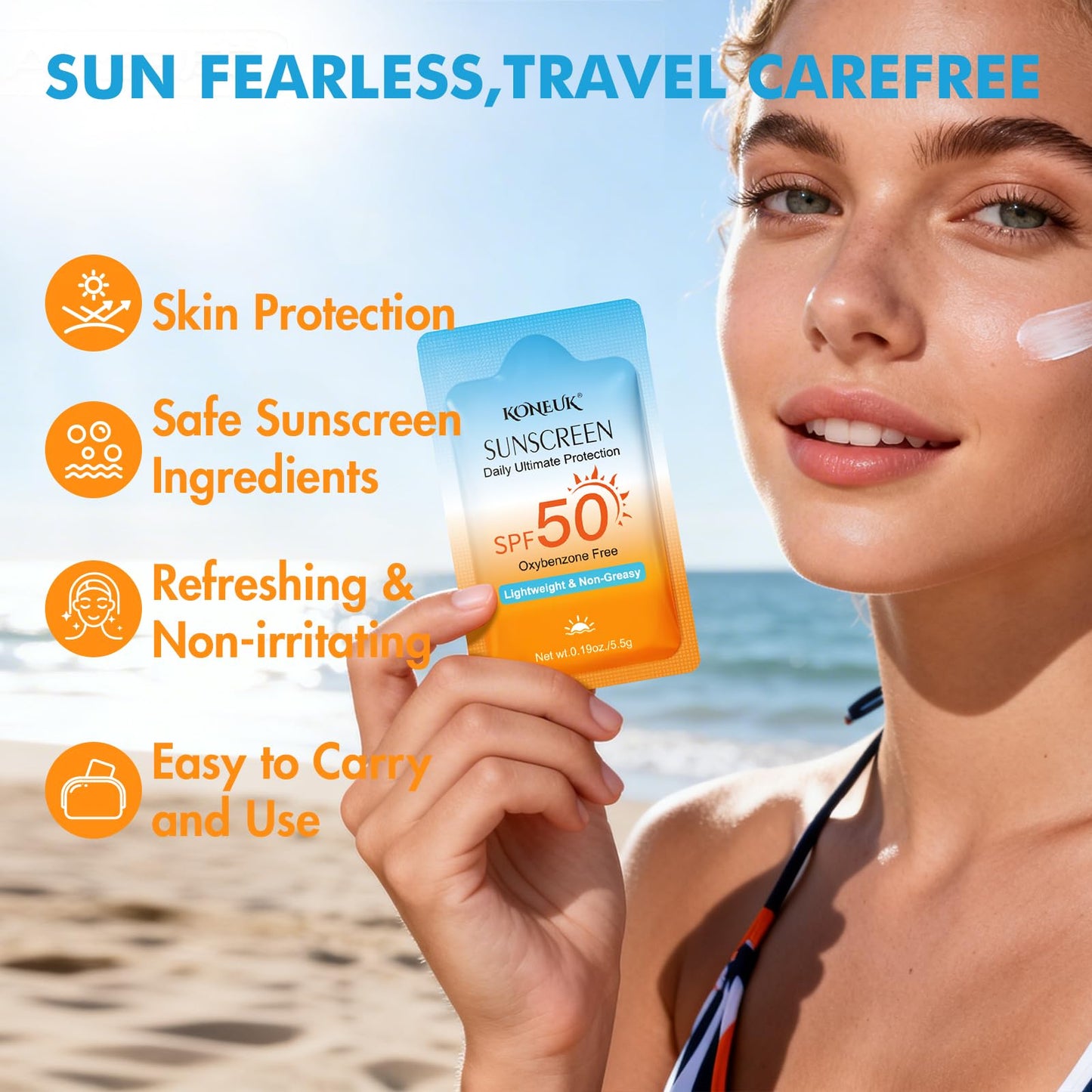 50-pack of KONEUK travel size SPF 50 sunscreen bottles for face and body, compact and easy to carry for sun protection.