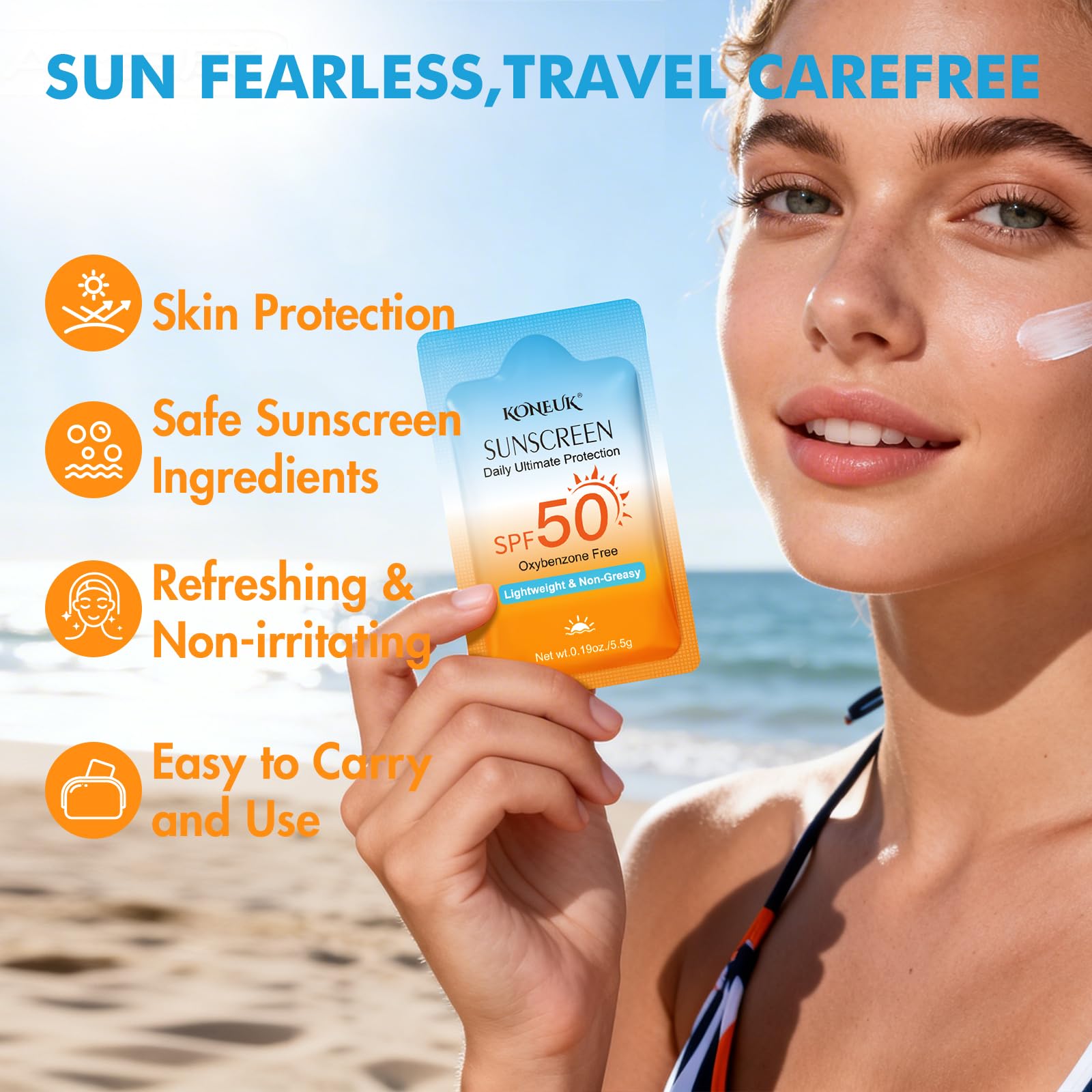 50-pack of KONEUK travel size SPF 50 sunscreen bottles for face and body, compact and easy to carry for sun protection.