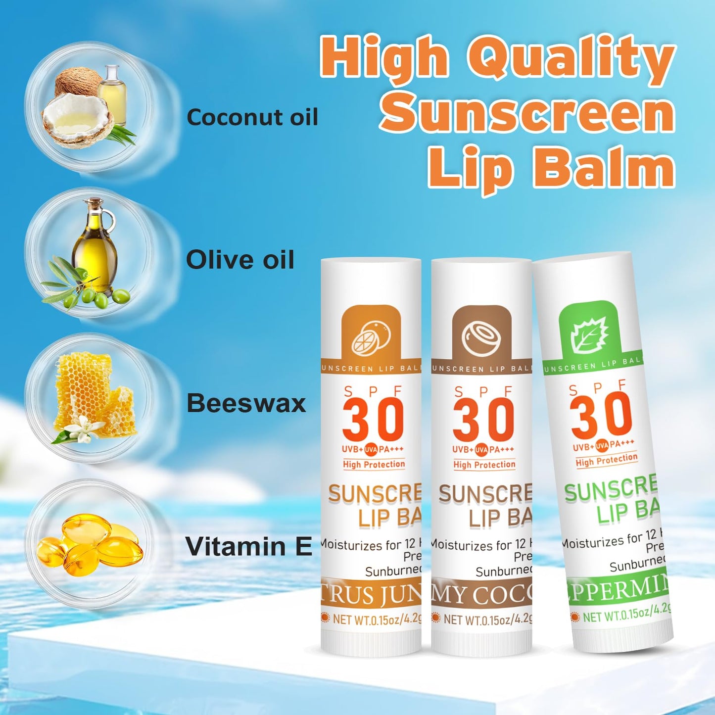 VISRIE SPF 30 Sunscreen Lip Balm pack with 8 flavors, hydrating with vitamin E and coconut oil, protects and moisturizes lips.