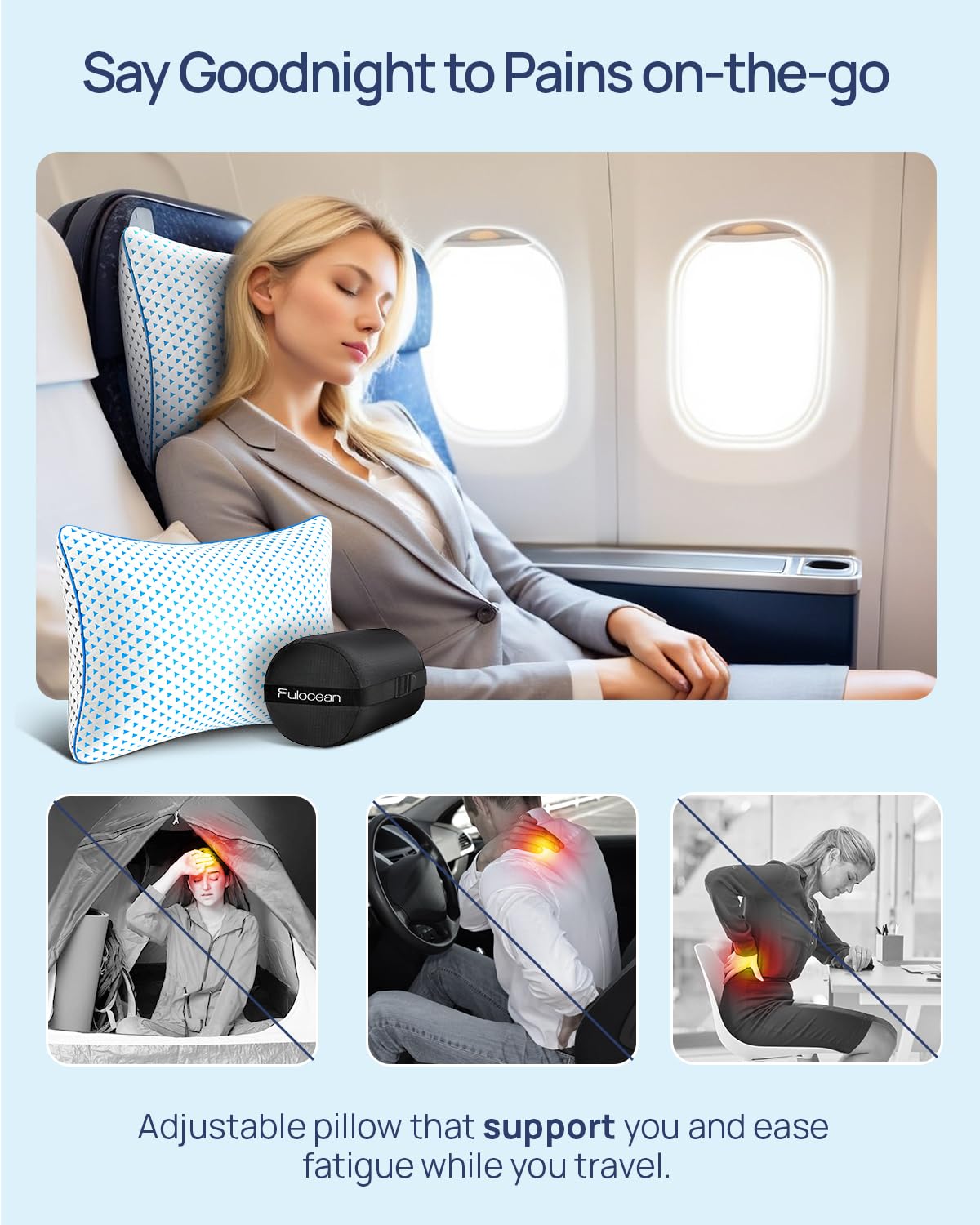 Fulocean small cooling memory foam travel pillow with adjustable support, washable, ideal for camping, car, airplane, and backpacking.