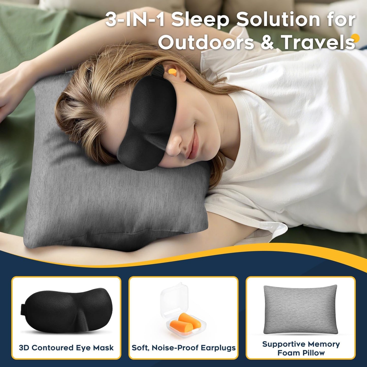CushyOasis shredded memory foam travel pillow with washable cover, eye mask, and earplugs for comfortable neck support.