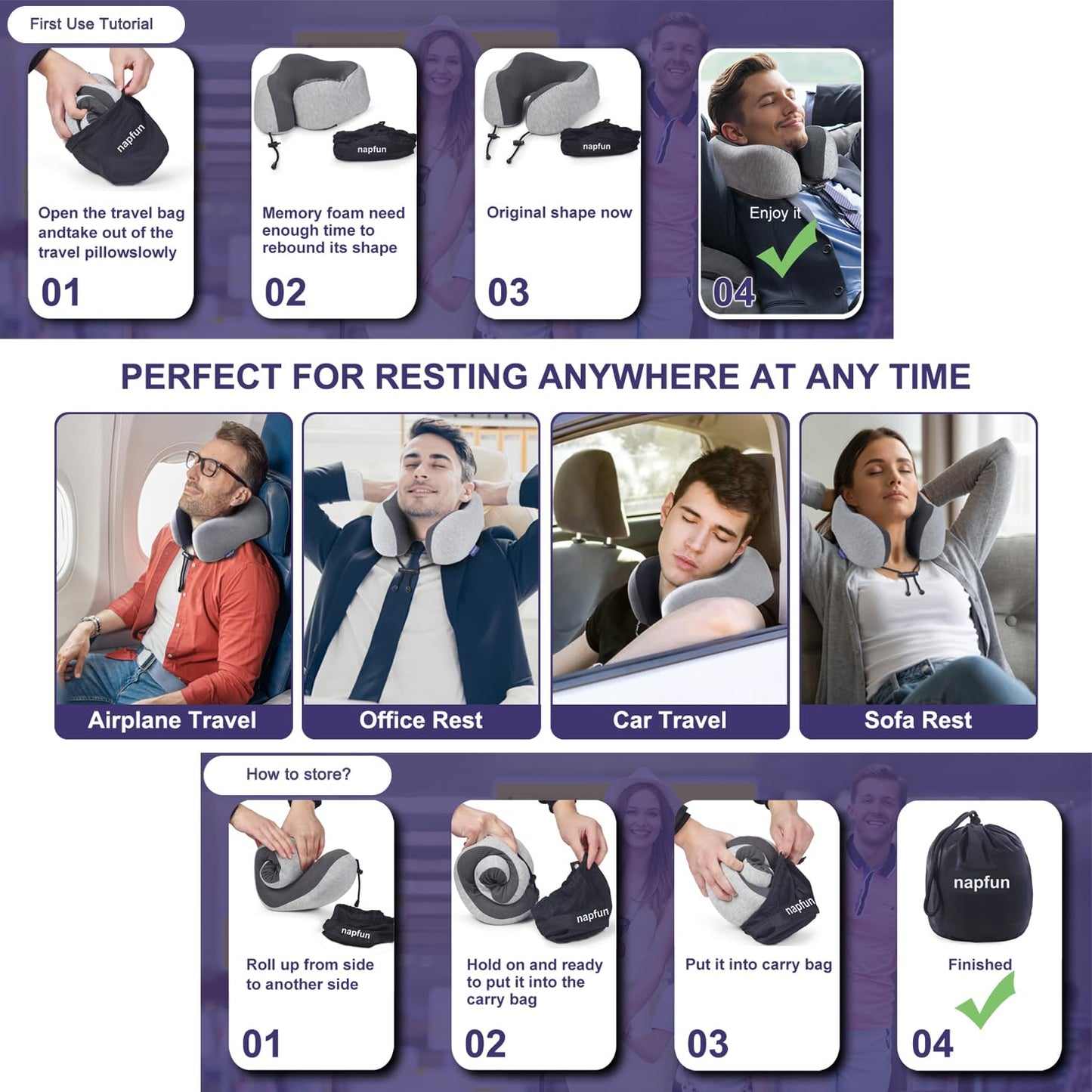 Napfun 100% pure memory foam travel pillow with adjustable strap, designed for neck support and comfort during travel.