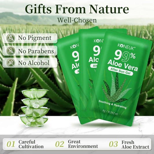 50-pack of KONEUK 99% pure aloe vera gel bottles for all skin types, showing clear gel in transparent containers.
