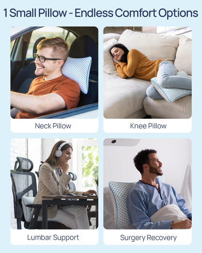 Fulocean small cooling memory foam travel pillow with adjustable support, washable cover, ideal for camping, car, and airplane use.
