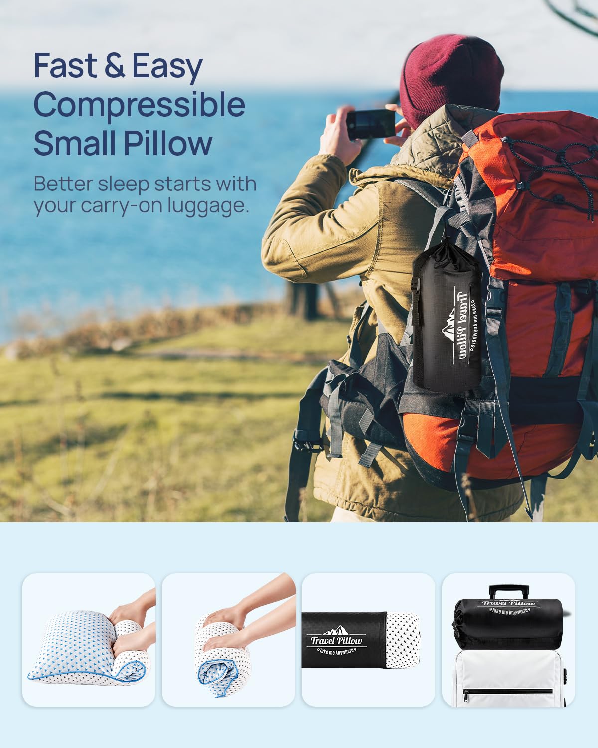Fulocean small cooling memory foam travel pillow with adjustable support, washable, ideal for neck, knee, lumbar, car, and airplane use
