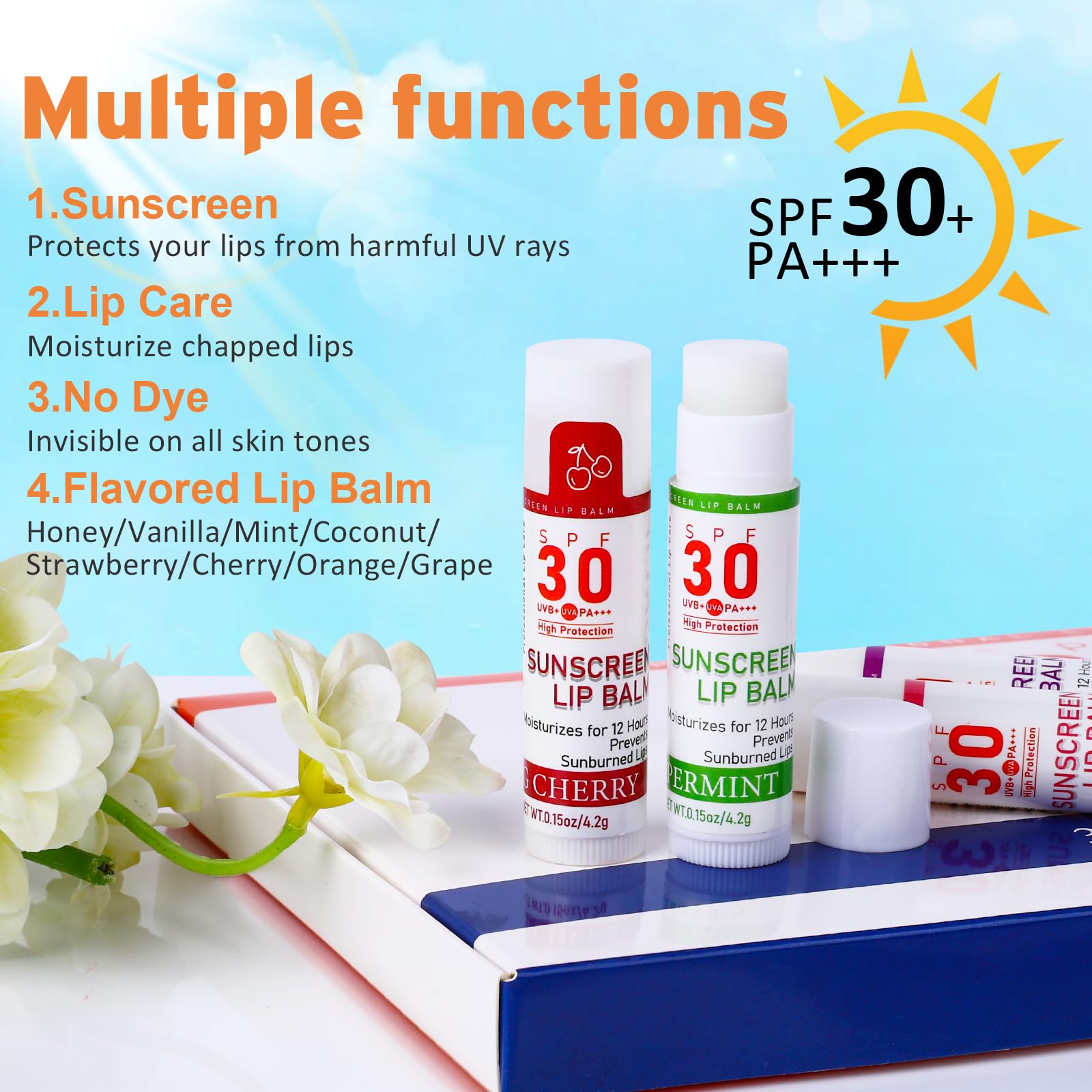 VISRIE SPF 30 sunscreen lip balm pack with 8 flavors, hydrating with Vitamin E and coconut oil for smooth, protected lips.