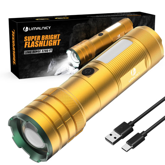 Limalnicy rechargeable flashlight with high 100,000 lumens brightness, compact design, and durable build for outdoor use.