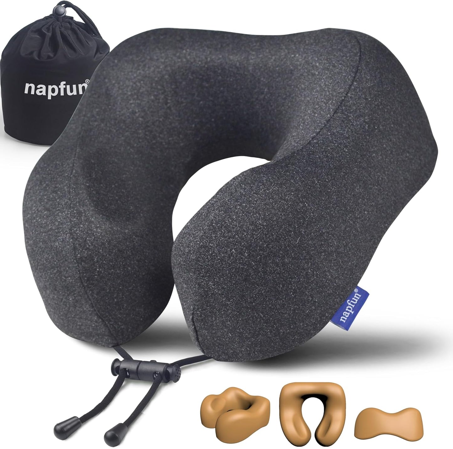 Napfun 100% pure memory foam travel pillow in soft, ergonomic design for comfortable neck support during travel.