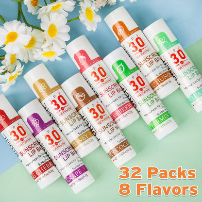 VISRIE SPF 30 sunscreen lip balm pack with 8 flavors, hydrating with vitamin E and coconut oil, in a 32-pack.