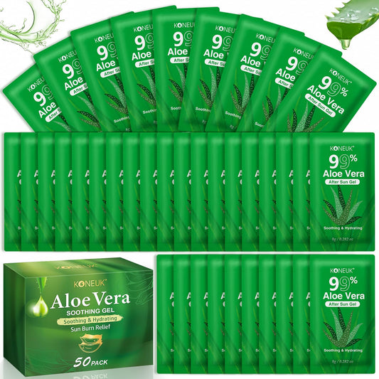 50-pack of KONEUK 99% pure aloe vera gel bottles, ideal for all skin types, showing clear gel containers with green labeling.