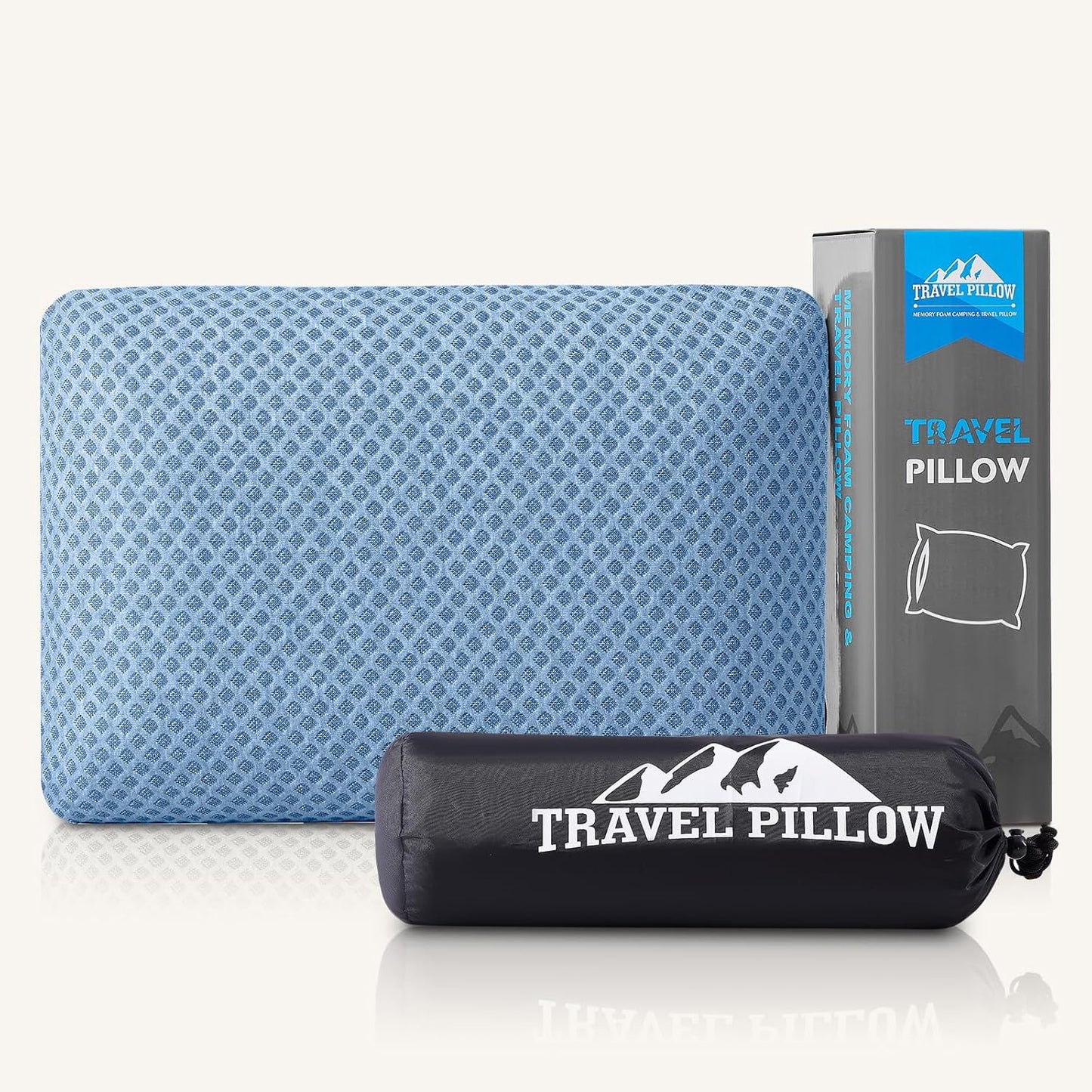 CushyOasis shredded memory foam travel pillow with washable cover, eye mask, and earplugs for neck support and comfort during travel.