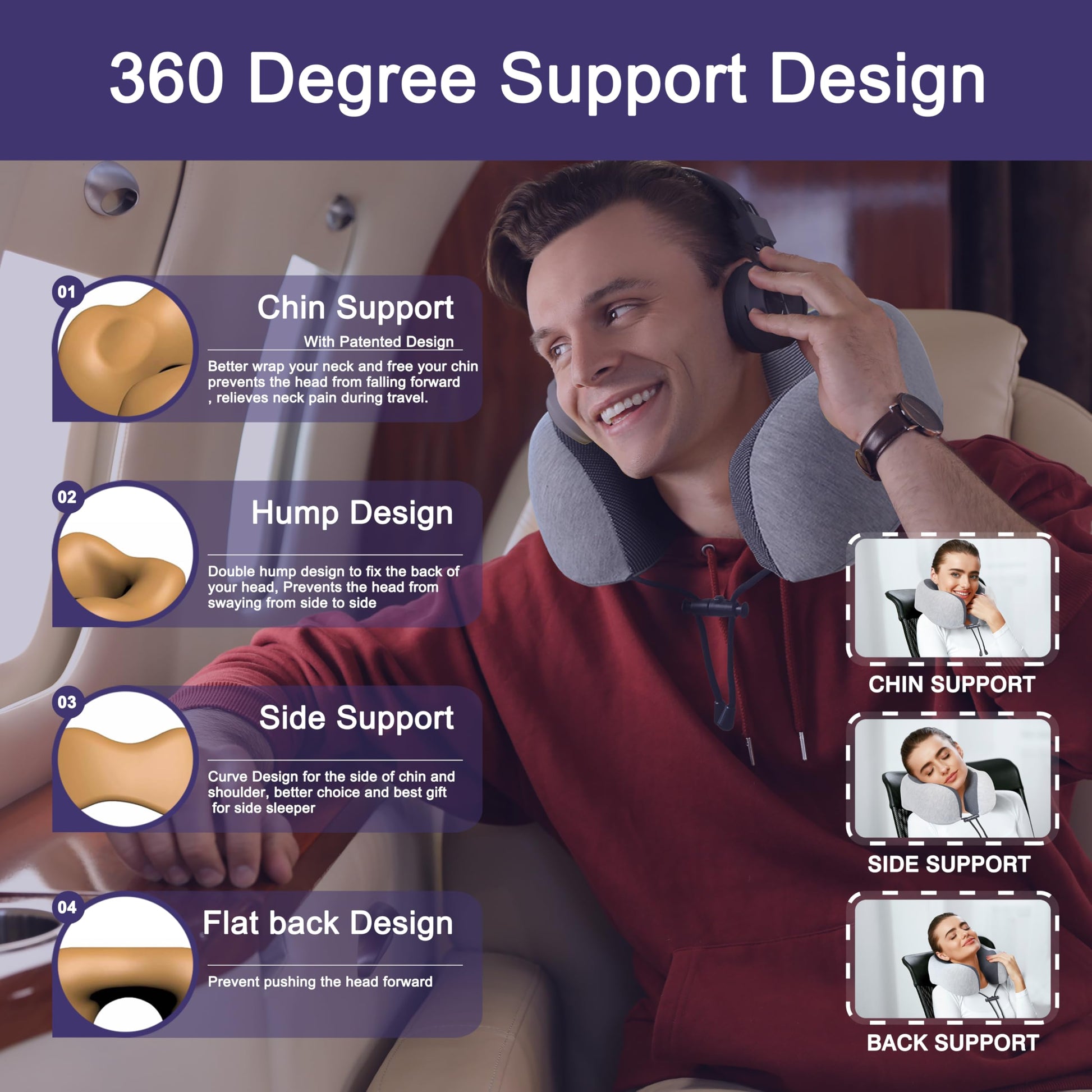 Napfun 100% pure memory foam travel pillow with ergonomic design for neck support and comfort during journeys.