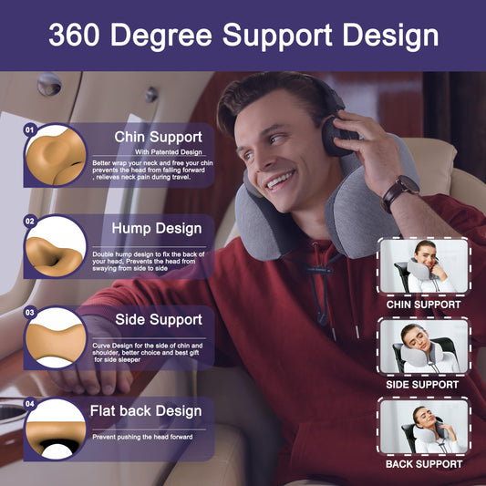 Napfun 100% pure memory foam travel pillow with ergonomic design for neck support and comfort during journeys.