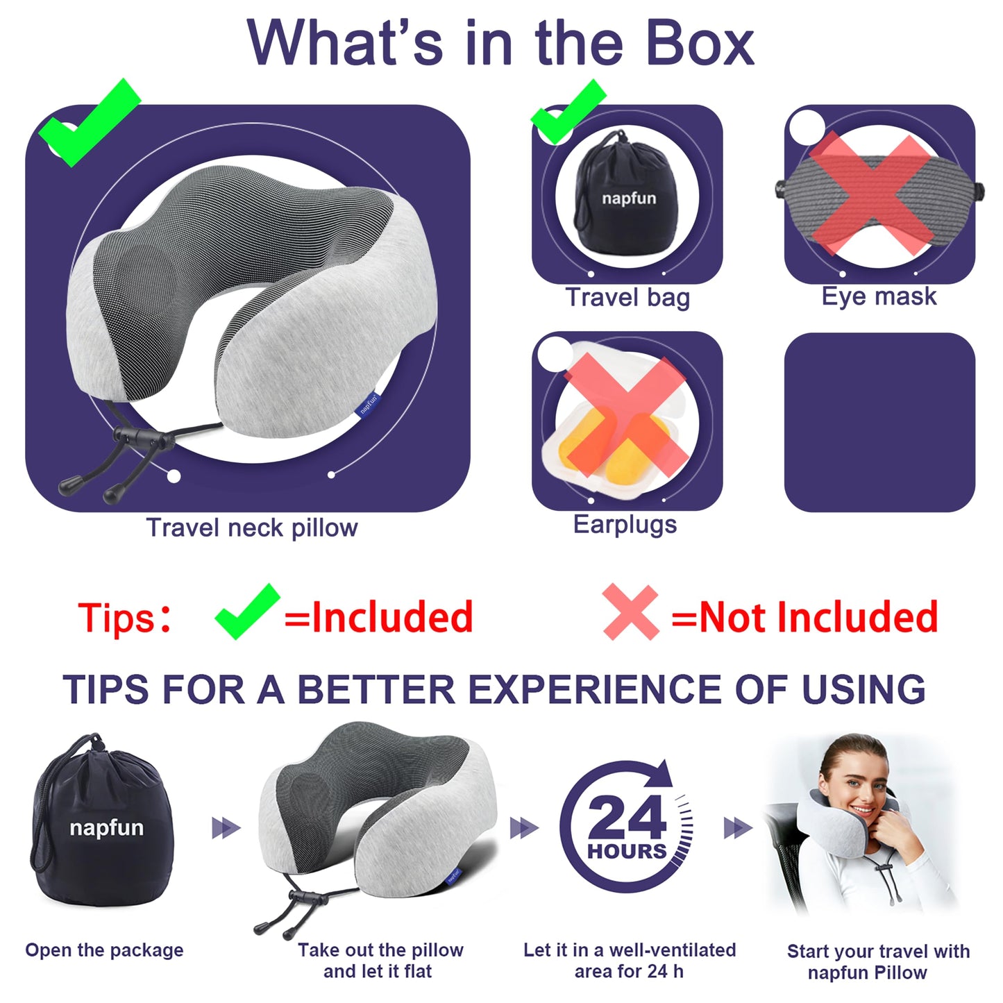 Napfun 100% pure memory foam travel pillow shown, providing neck support and comfort for travel or resting.