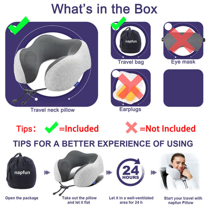 Napfun 100% pure memory foam travel pillow shown, providing neck support and comfort for travel or resting.