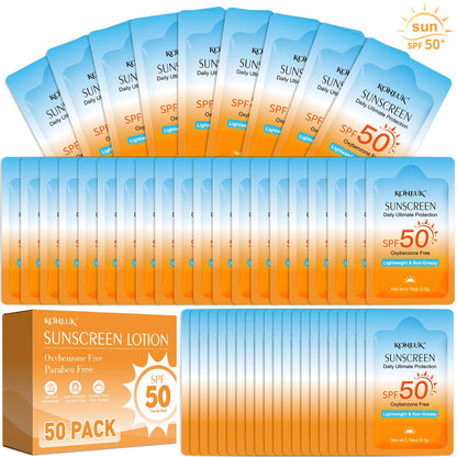 Set of 50 KONEUK travel-size SPF 50 sunscreens for face and body, compact bottles for convenient sun protection.
