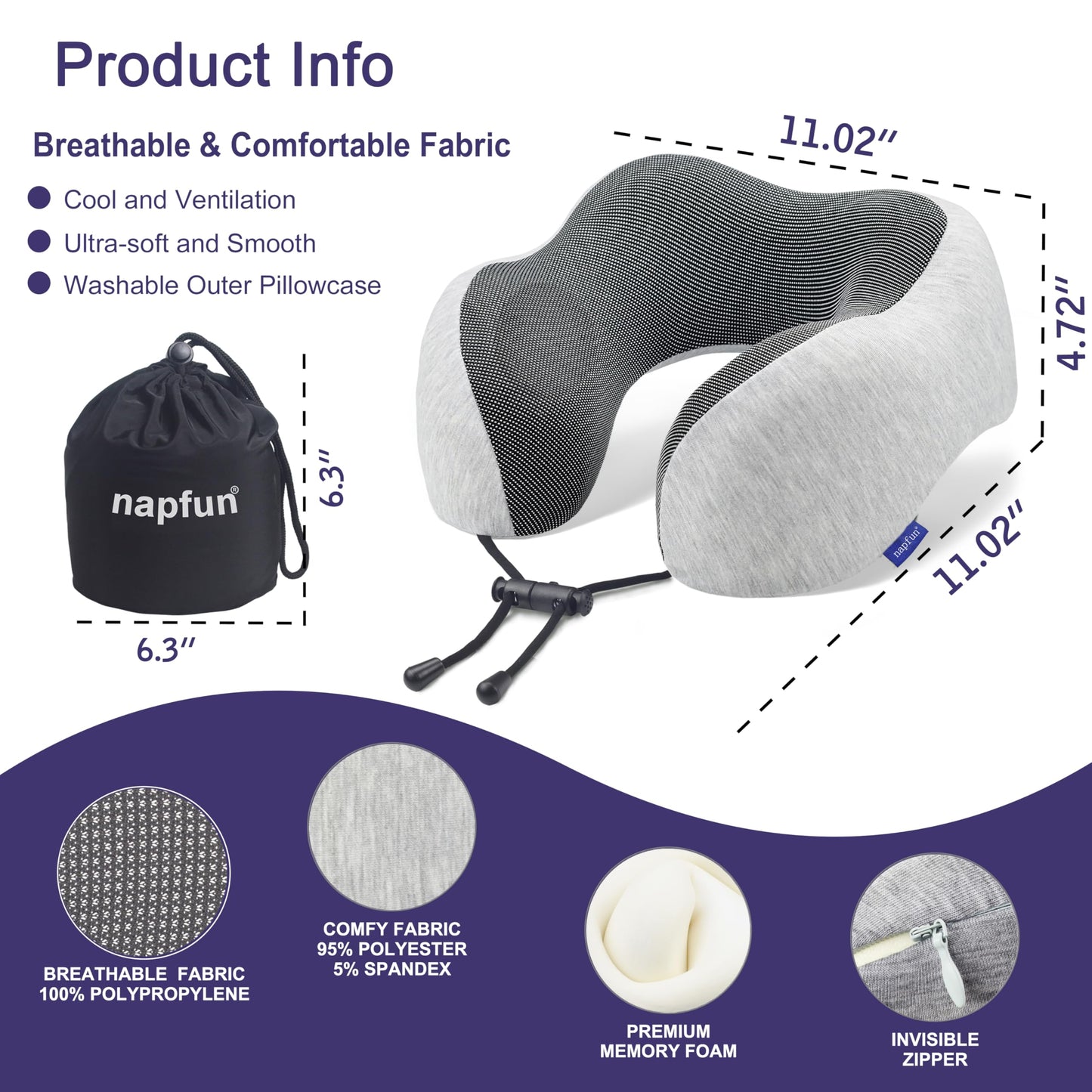 Napfun 100% pure memory foam travel pillow, ergonomic support with soft cover for comfortable neck rest during travel