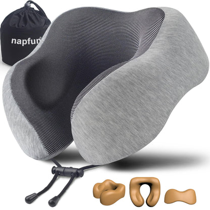 Napfun 100% pure memory foam travel pillow showing soft, supportive neck cushion ideal for travel comfort.