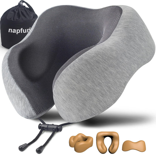Napfun 100% pure memory foam travel pillow showing soft, supportive neck cushion ideal for travel comfort.